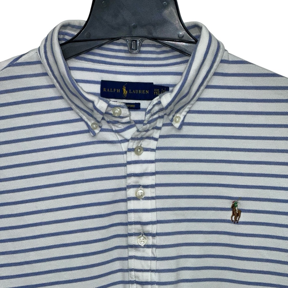 Polo Ralph Lauren White Blue Stripe Classic Fit Knit Oxford Shirt Mens Size XXL‎